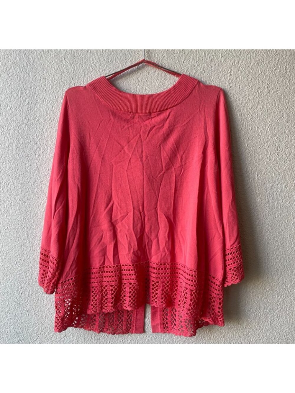 Linda Matthews Women's Button Up Coral Summer Cardigan Plus Size 1X Crochet Trim - Picture 7 of 8